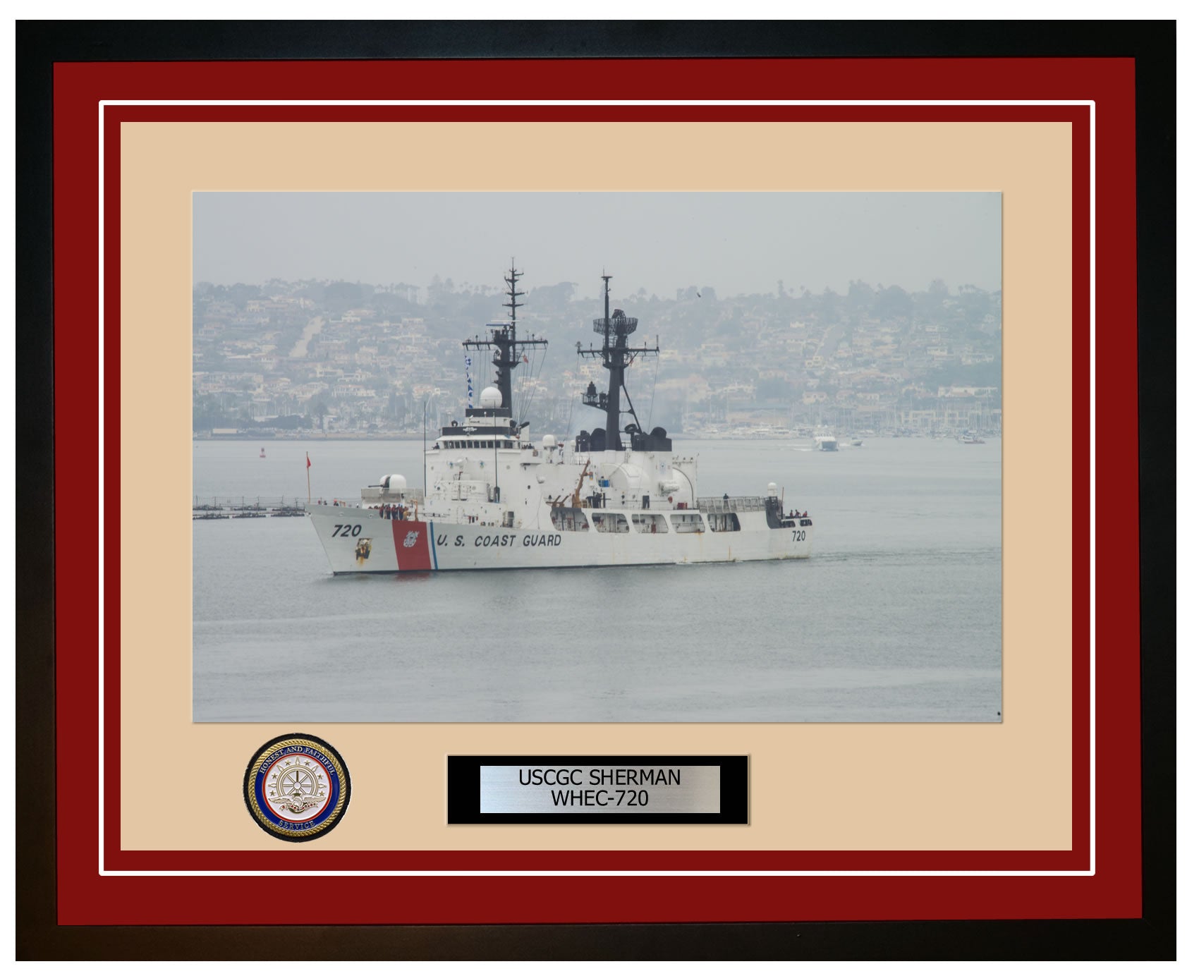 USCGC SHERMAN WHEC 720 Framed Coast Guard Ship Photo Burgundy 259WHEC720