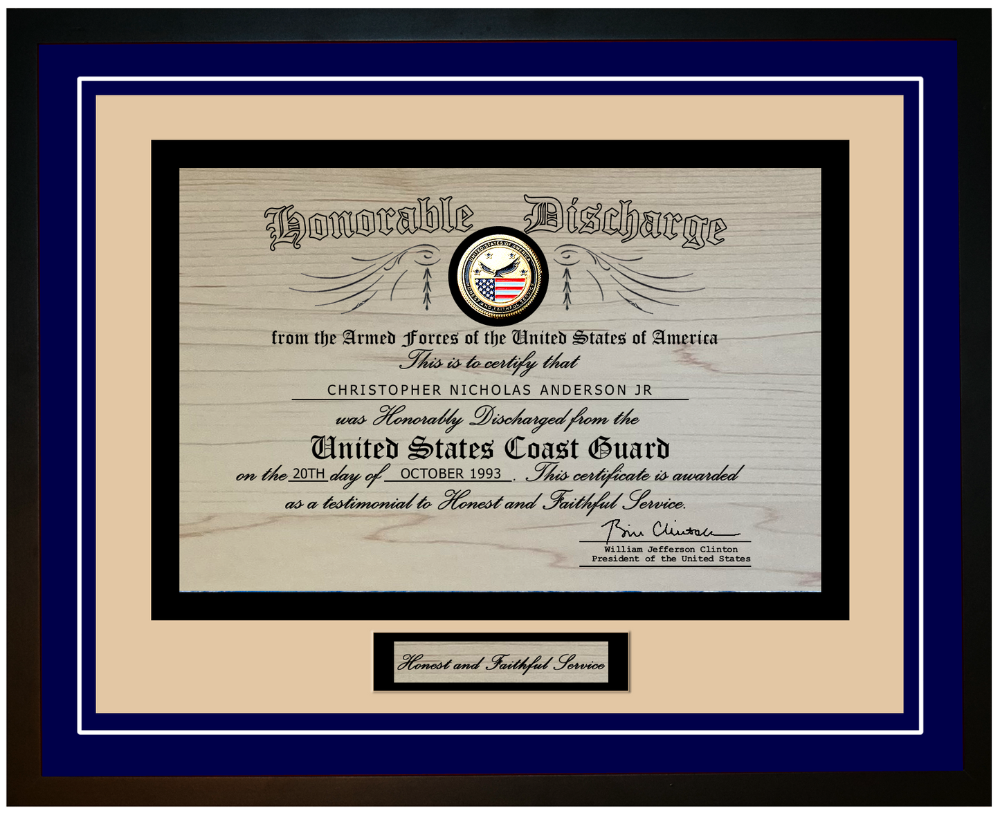 United States Coast Guard (USCG) Engraved Honorable Discharge Certificate