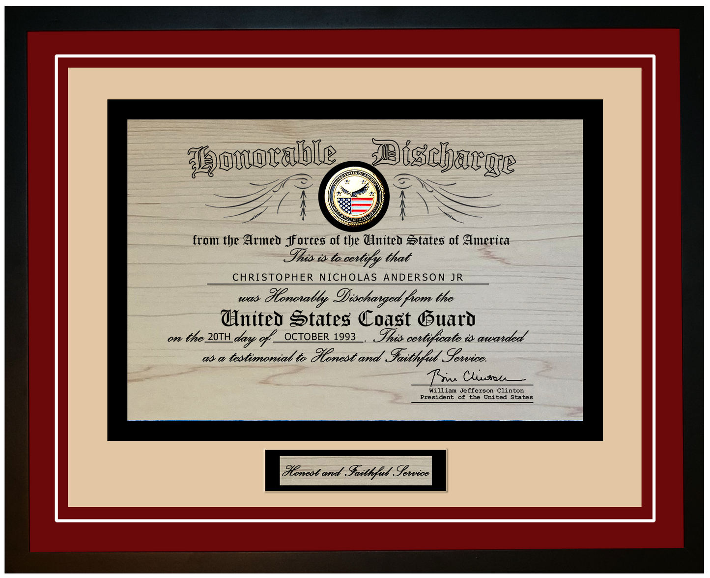 United States Coast Guard (USCG) Engraved Honorable Discharge Certificate