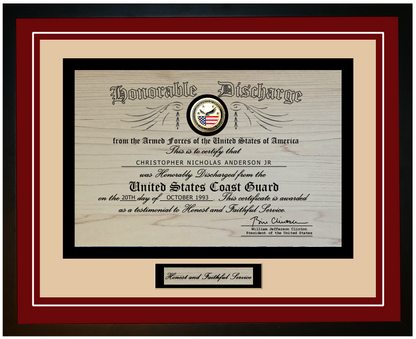 United States Coast Guard (USCG) Engraved Honorable Discharge Certificate