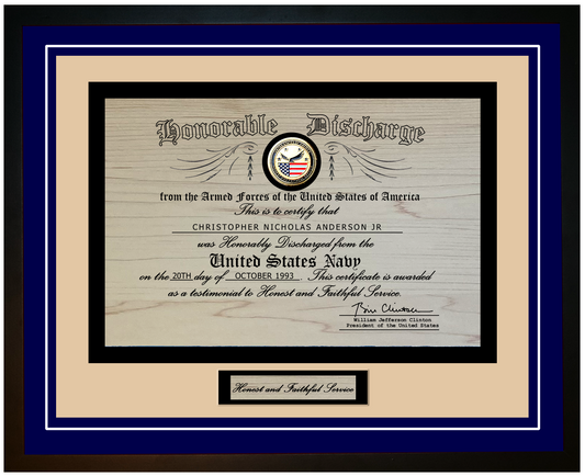 United States Navy Honorable Engraved Discharge Certificate