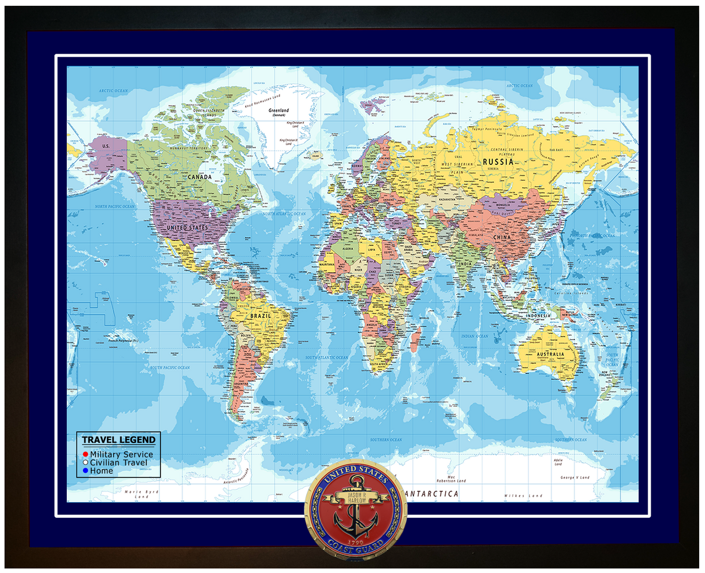 Personalized Coast Guard (USCG) Veteran Push Pin Travel Map