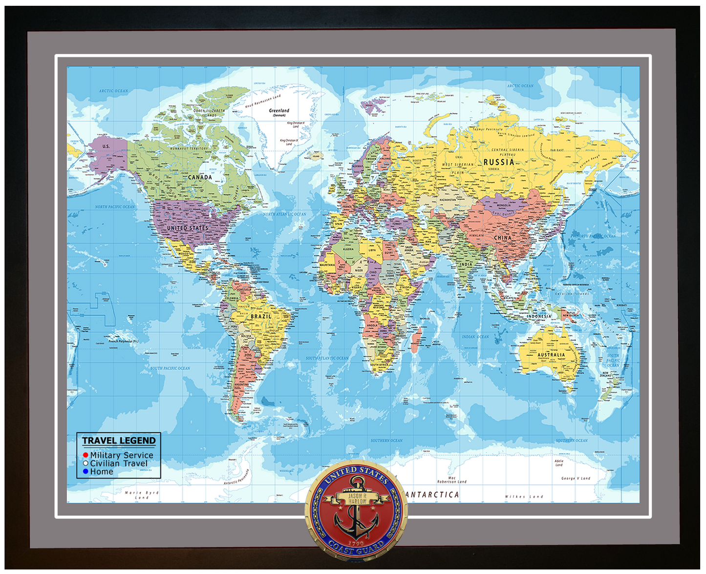 Personalized Coast Guard (USCG) Veteran Push Pin Travel Map