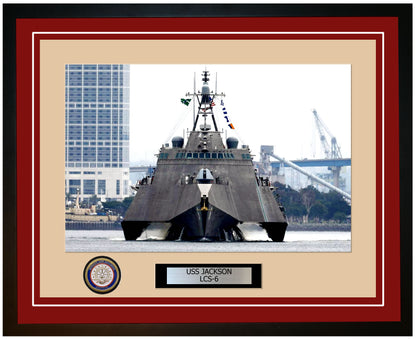 USS Jackson LCS-6 Framed Navy Ship Photo Burgundy