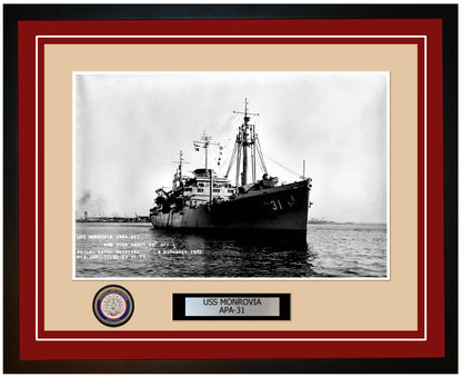 USS Monrovia APA-31 Framed Navy Ship Photo Burgundy