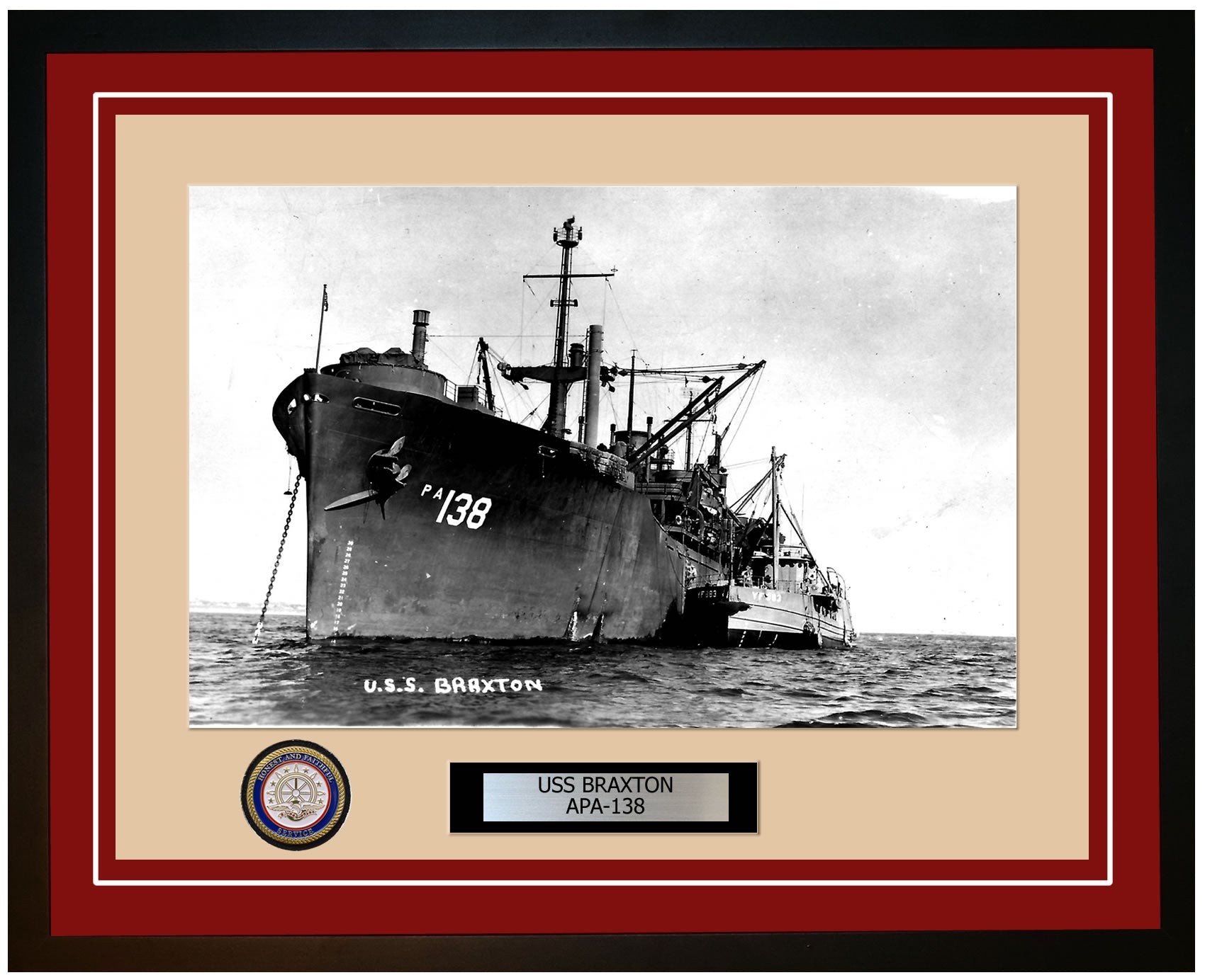 USS Braxton APA-138 Framed Navy Ship Photo Burgundy