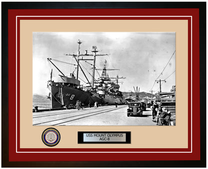 USS Mount Olympus AGC-8 Framed Navy Ship Photo Burgundy