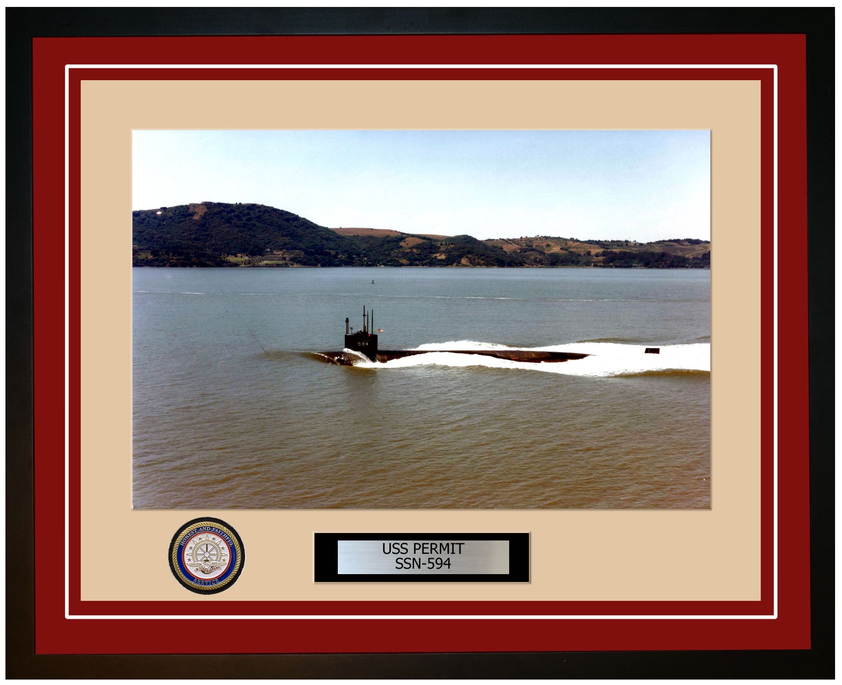 USS Permit SSN-594 Framed Navy Ship Photo Burgundy