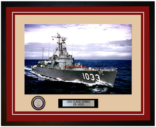 USS Claud Jones DE-1033 Framed Navy Ship Photo Burgundy