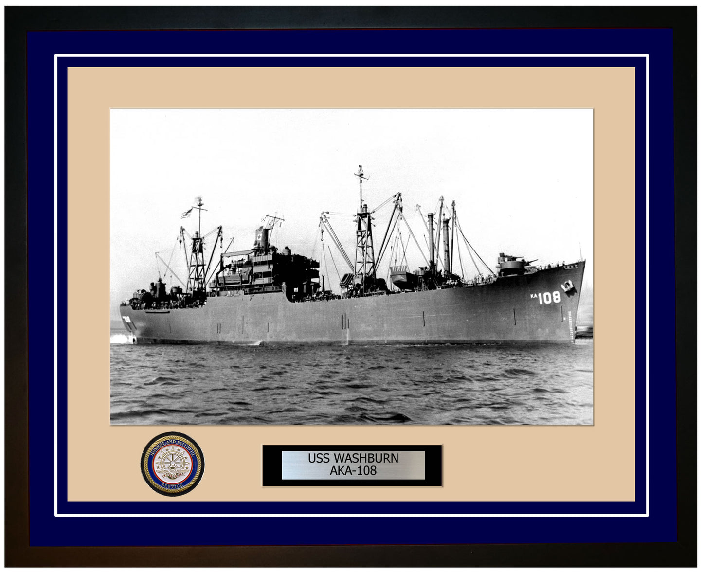 USS Washburn AKA-108 Framed Navy Ship Photo Blue