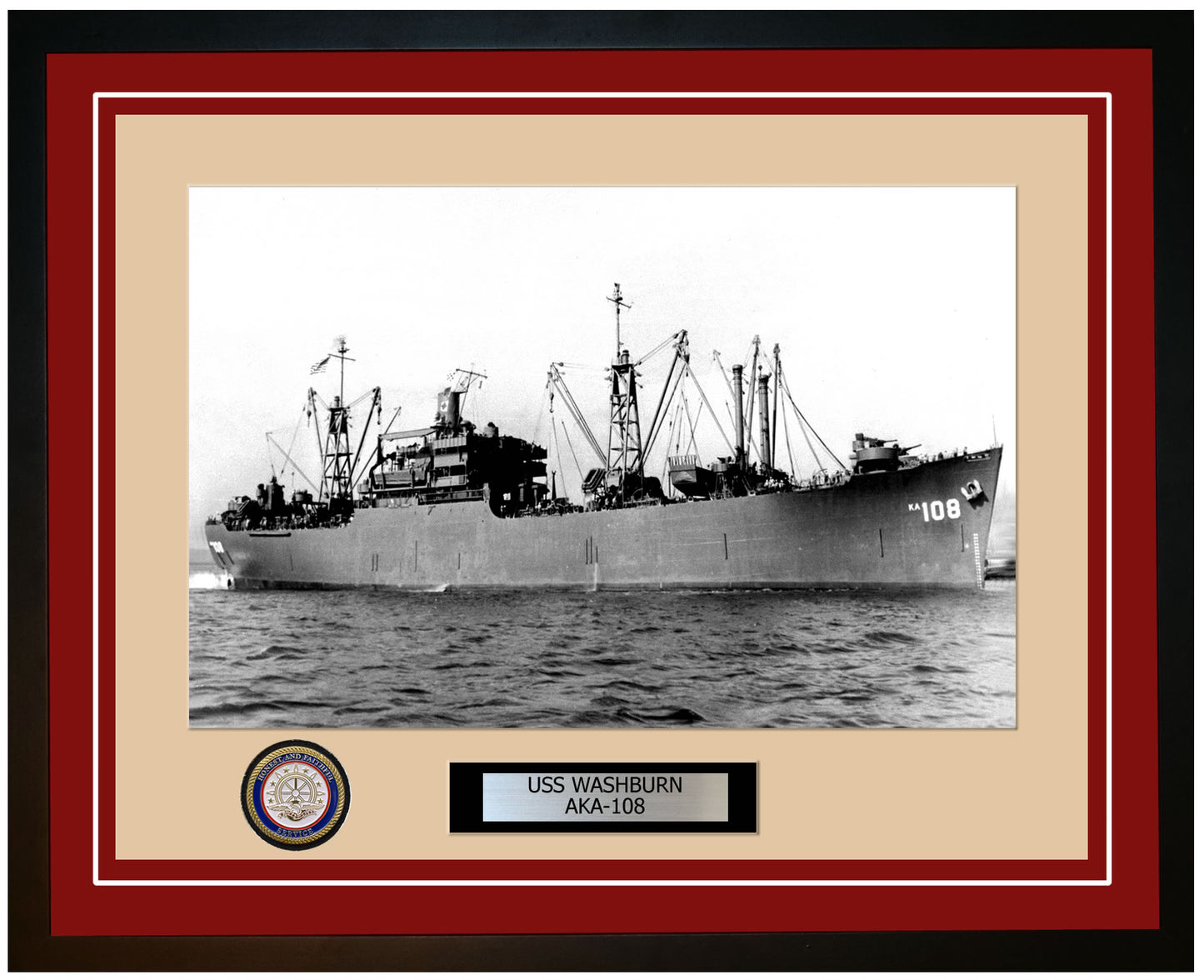 USS Washburn AKA-108 Framed Navy Ship Photo Burgundy