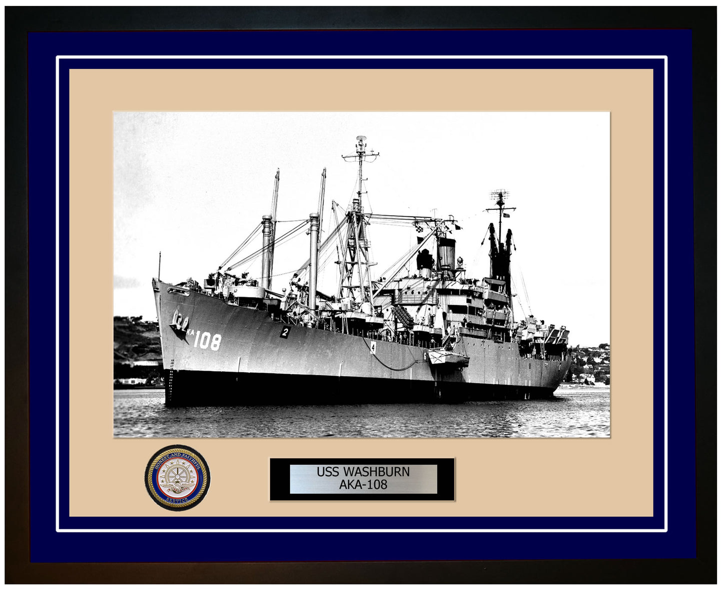 USS Washburn AKA-108 Framed Navy Ship Photo Blue