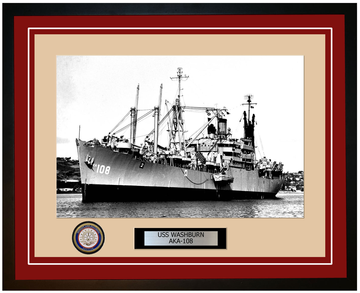 USS Washburn AKA-108 Framed Navy Ship Photo Burgundy