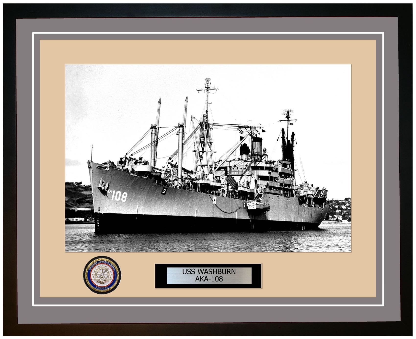 USS Washburn AKA-108 Framed Navy Ship Photo Grey