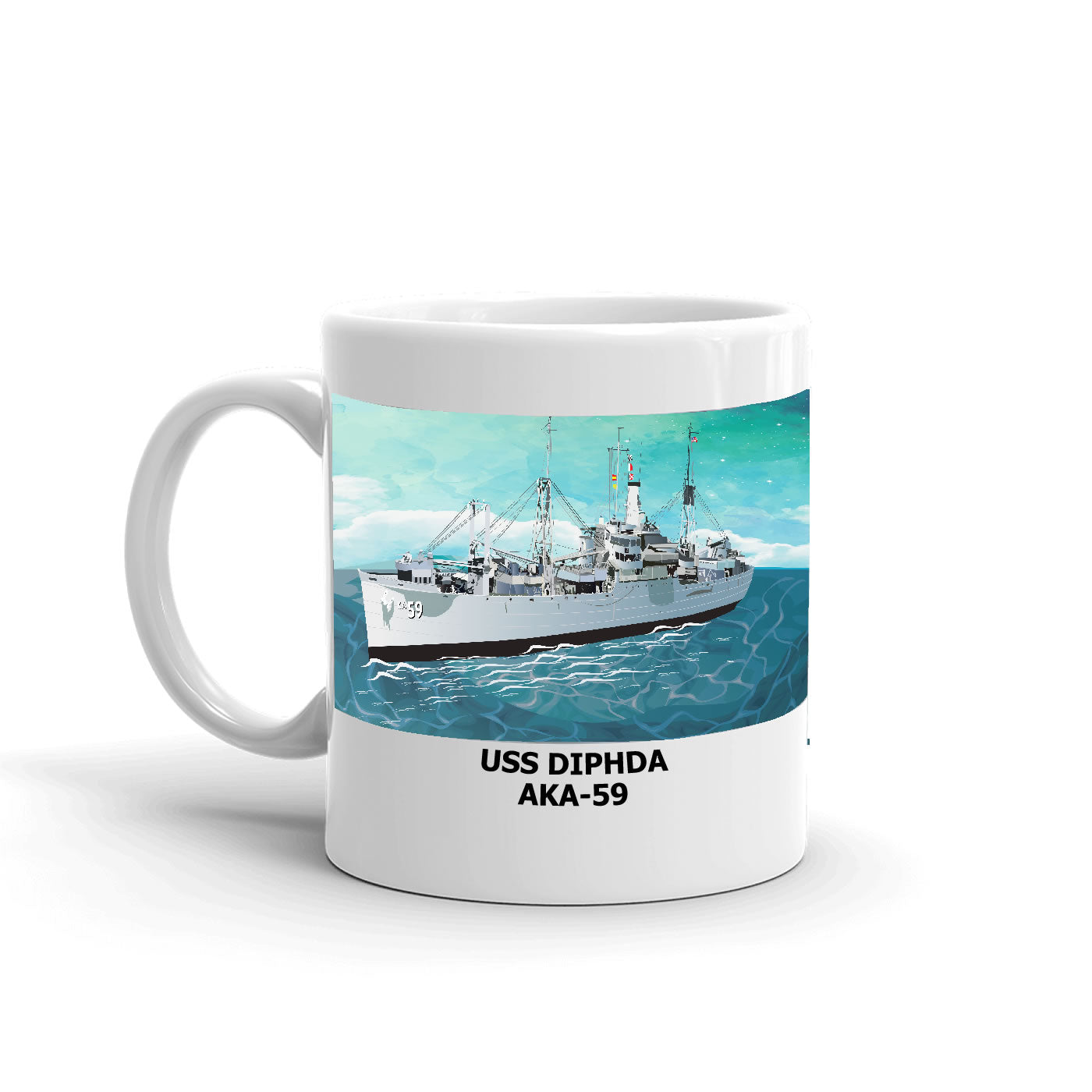 USS Diphda AKA-59 Coffee Cup Mug Left Handle