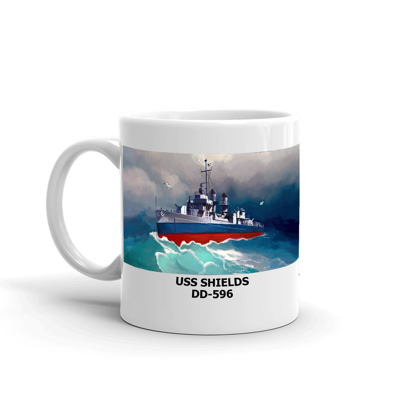 USS Shields DD-596 Coffee Cup Mug Left Handle