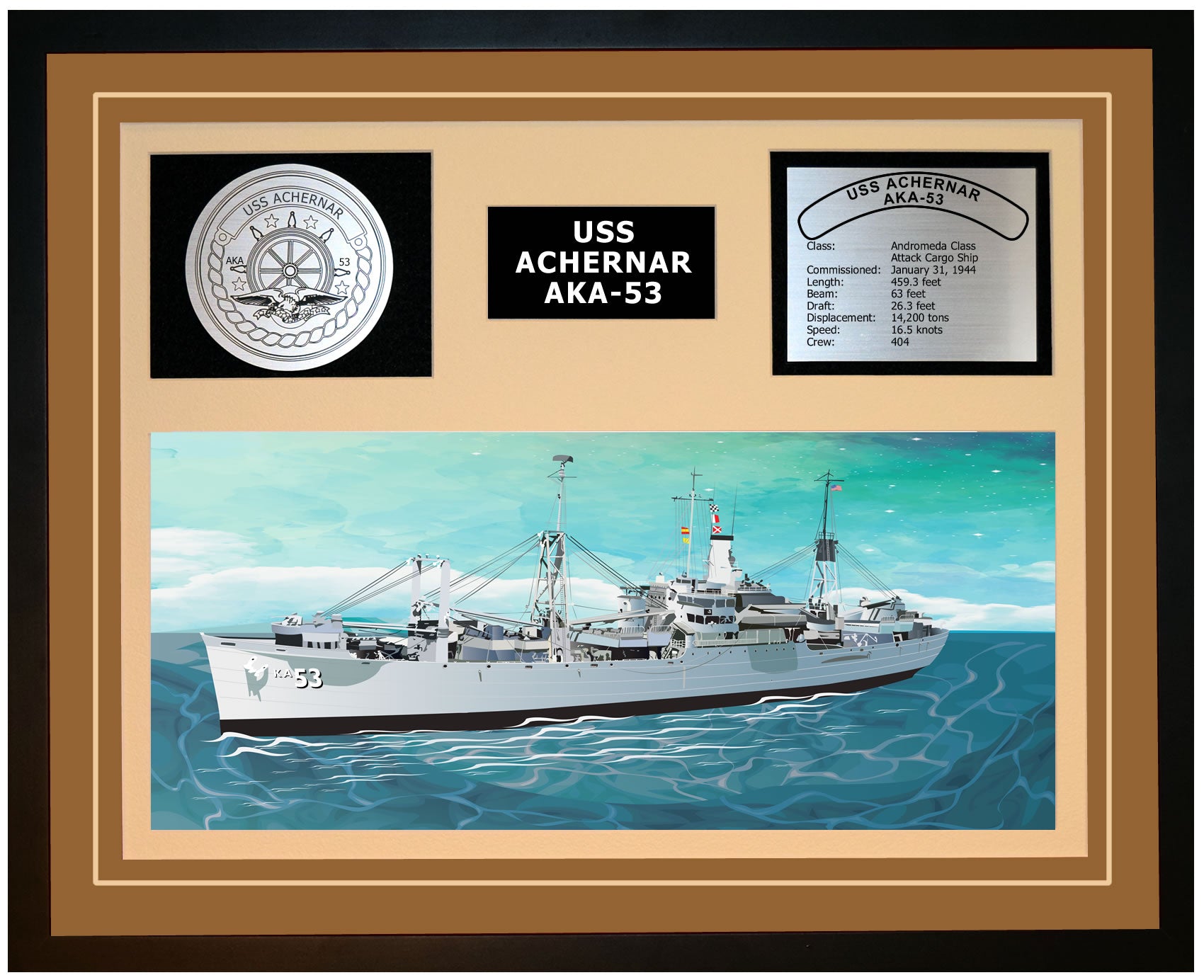 USS ACHERNAR AKA-53 Framed Navy Ship Display Brown