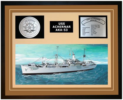 USS ACHERNAR AKA-53 Framed Navy Ship Display Brown