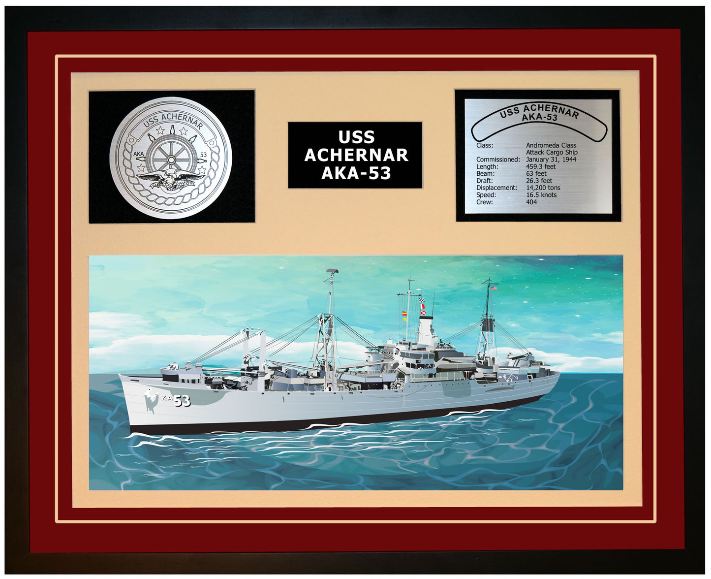 USS ACHERNAR AKA-53 Framed Navy Ship Display Burgundy