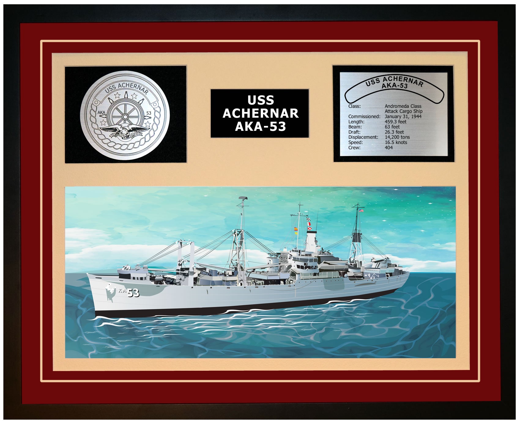 USS ACHERNAR AKA-53 Framed Navy Ship Display Burgundy