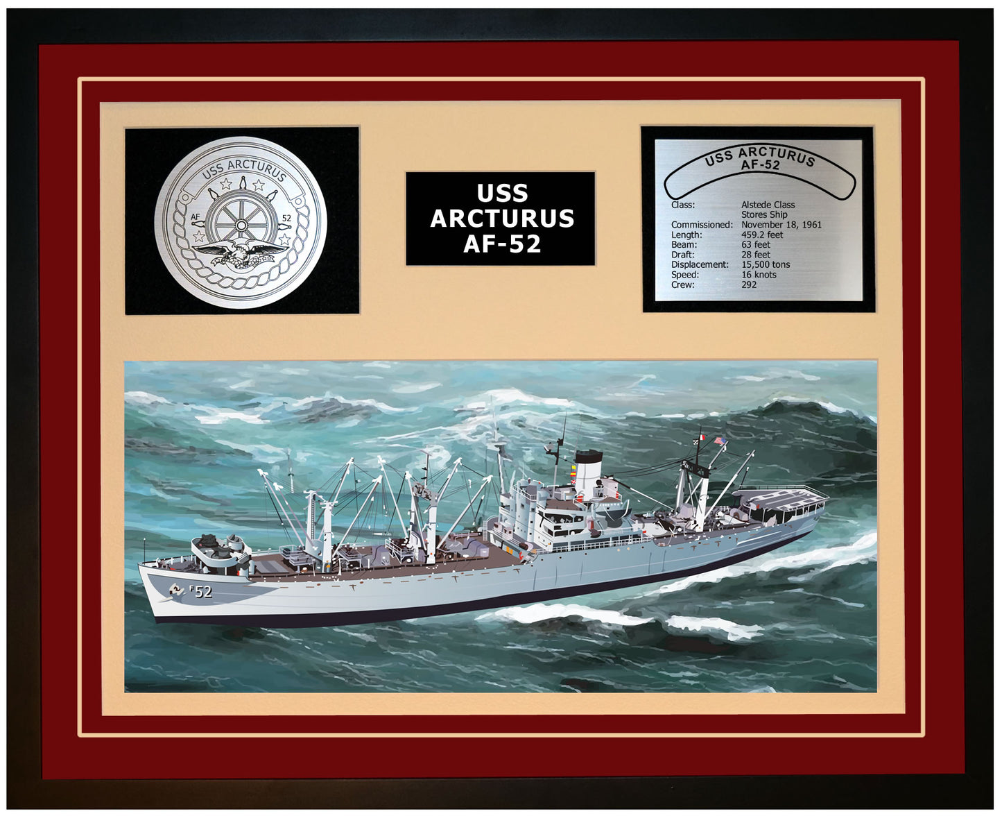 USS ARCTURUS AF-52 Framed Navy Ship Display Burgundy