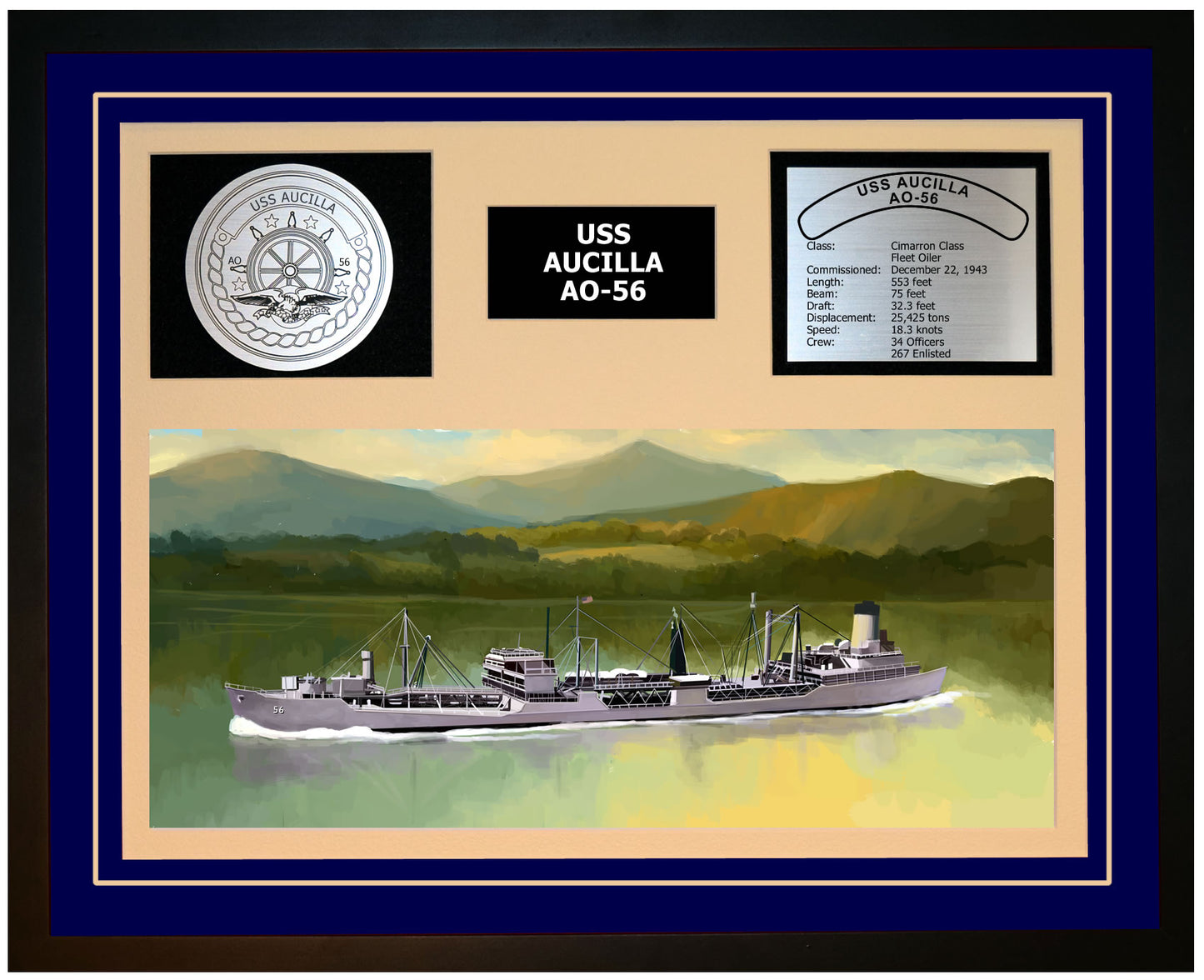 USS AUCILLA AO-56 Framed Navy Ship Display Blue