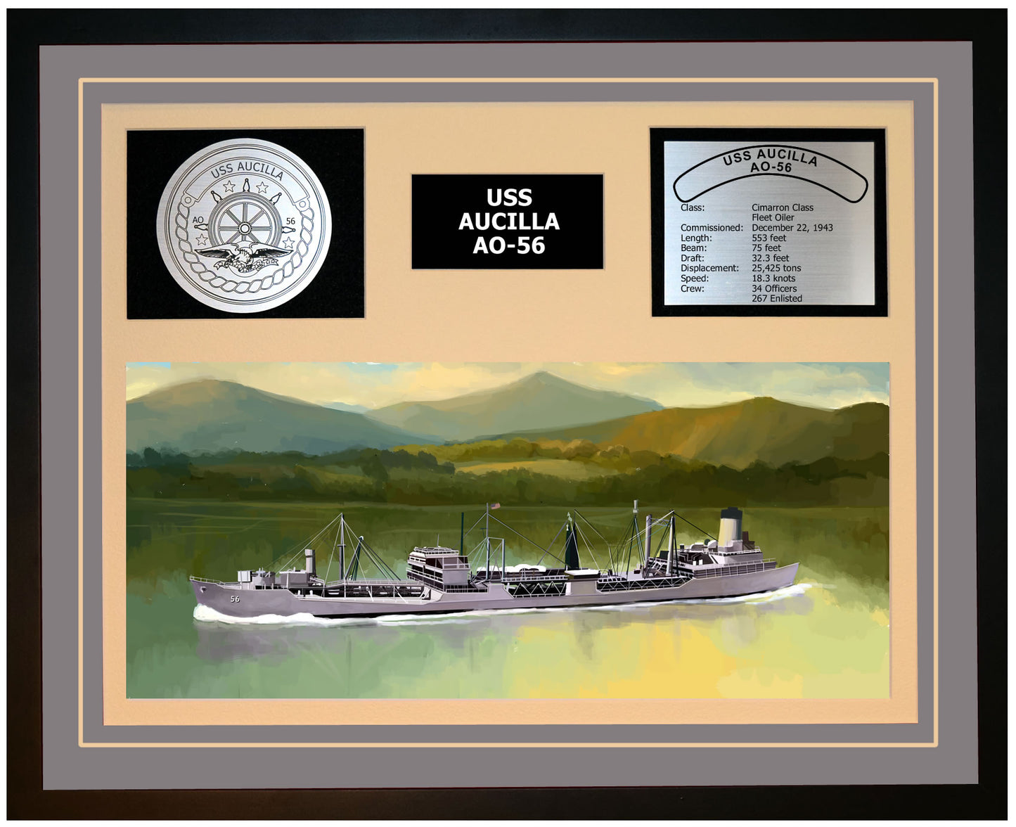 USS AUCILLA AO-56 Framed Navy Ship Display Grey