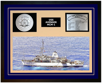 USS AVENGER MCM-1 Framed Navy Ship Display Blue