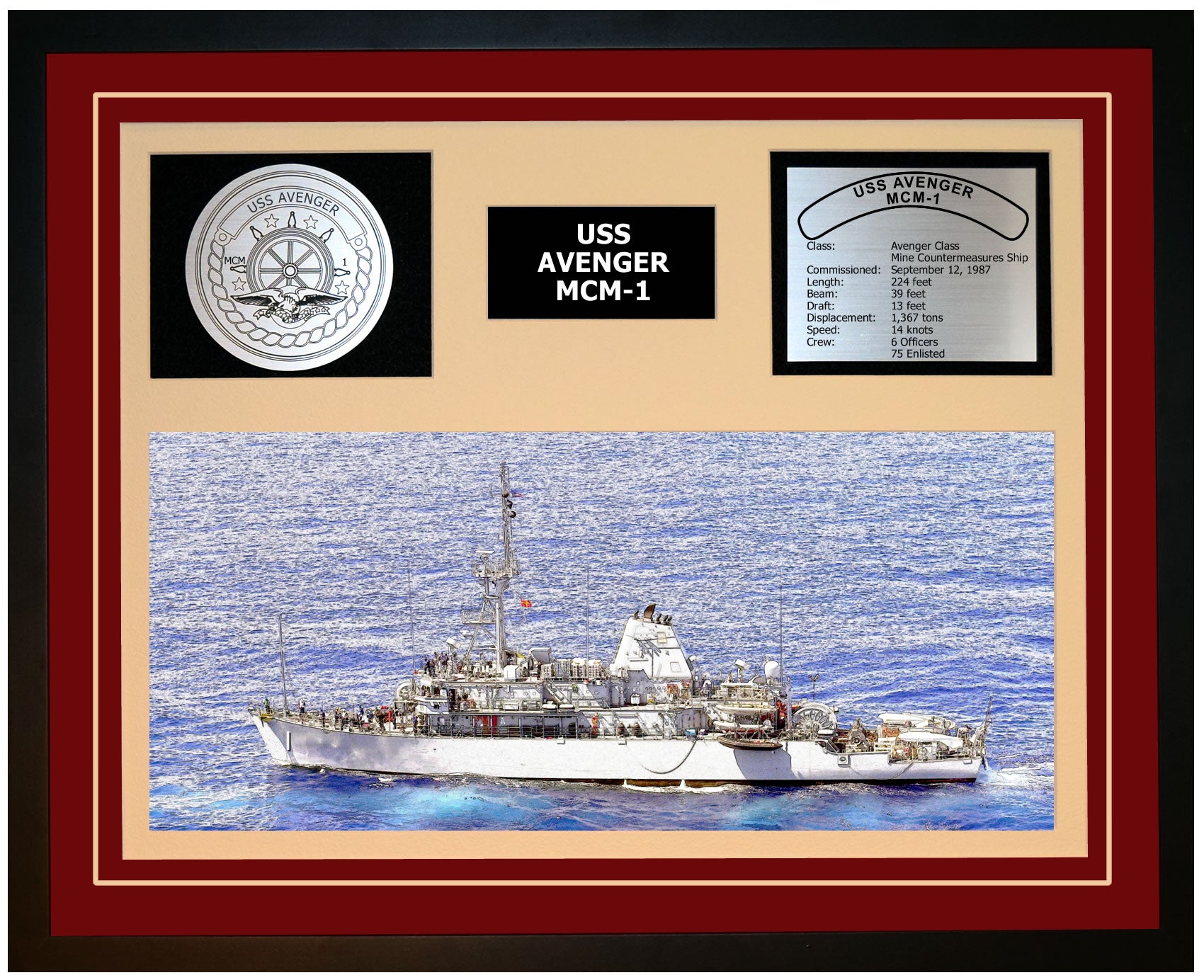 USS AVENGER MCM-1 Framed Navy Ship Display Burgundy