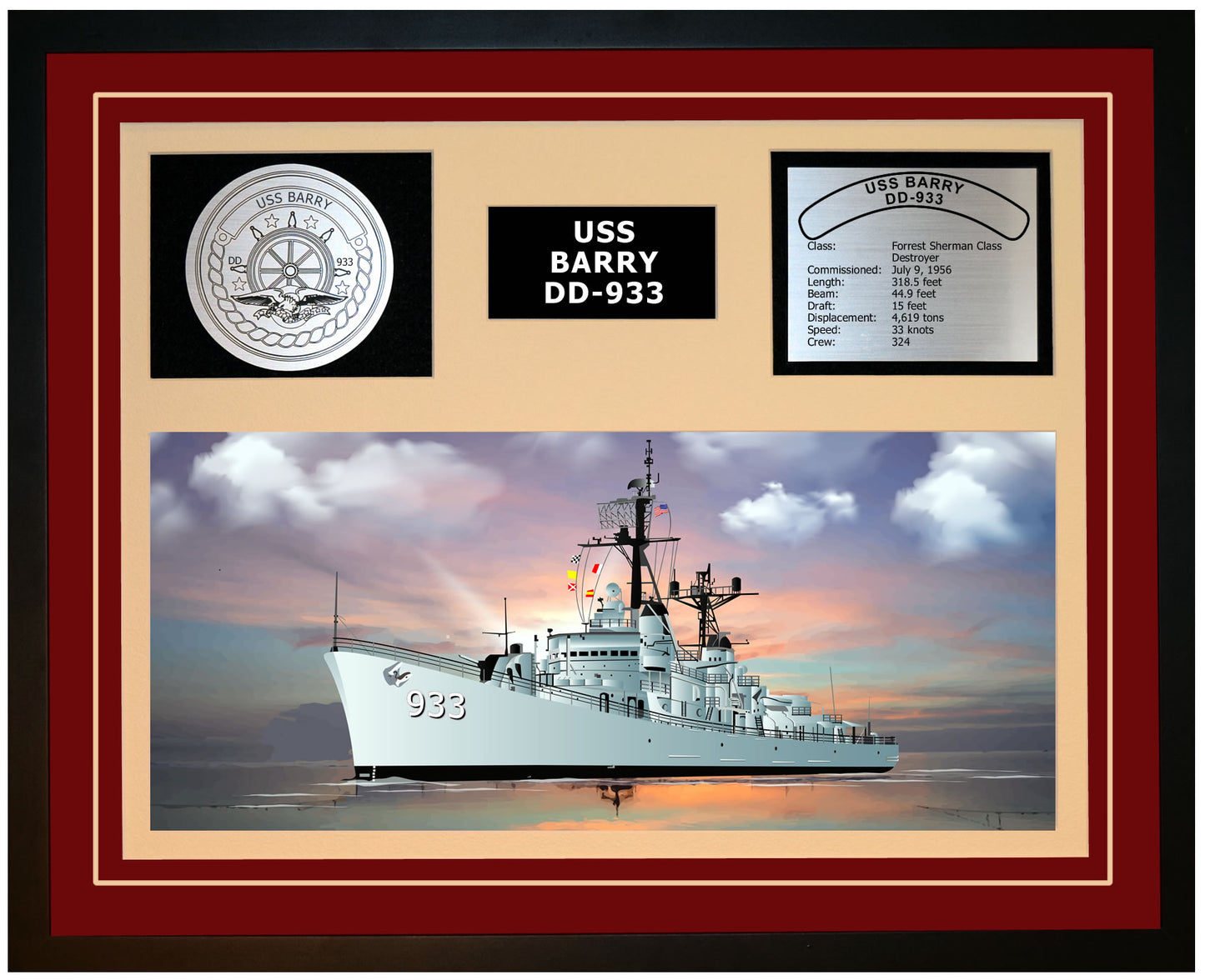 USS BARRY DD-933 Framed Navy Ship Display Burgundy