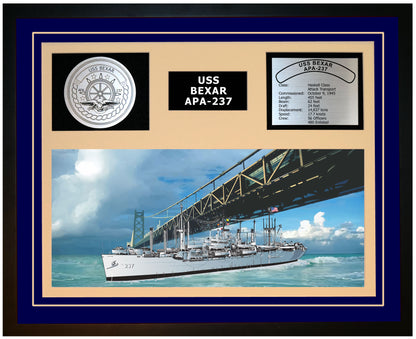 USS BEXAR APA-237 Framed Navy Ship Display Blue