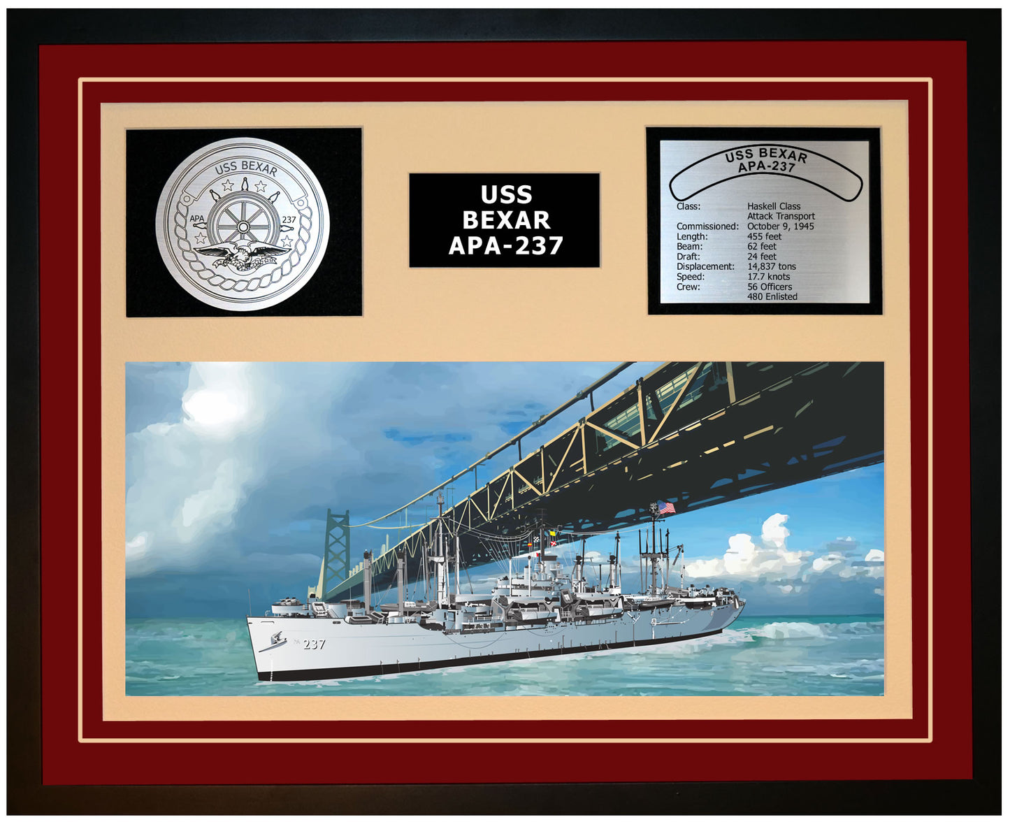 USS BEXAR APA-237 Framed Navy Ship Display Burgundy