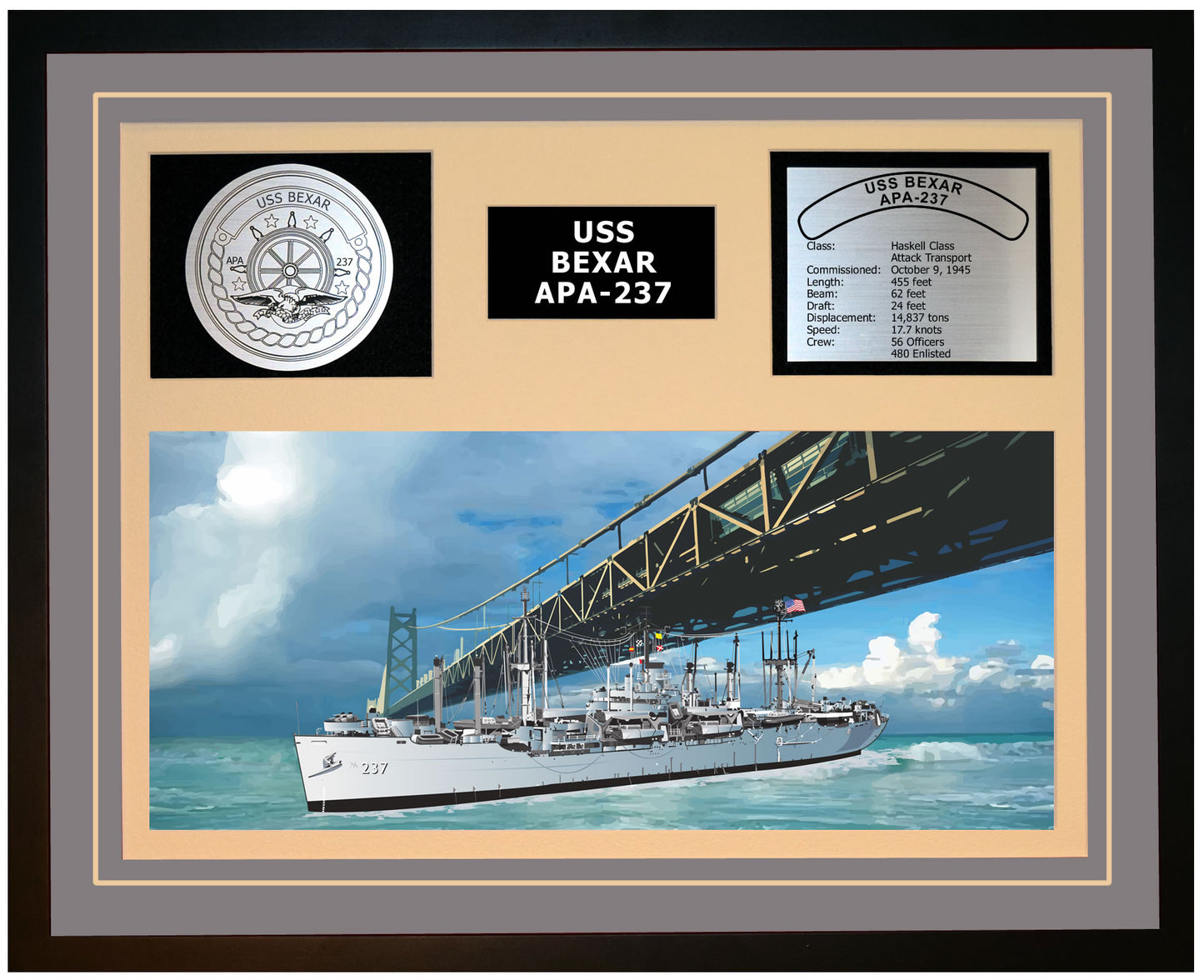 USS BEXAR APA-237 Framed Navy Ship Display Grey