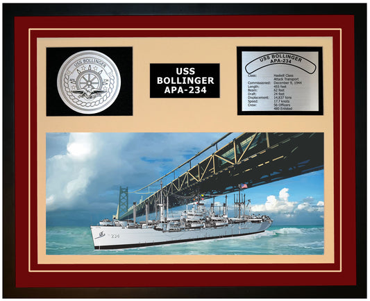 USS BOLLINGER APA-234 Framed Navy Ship Display Burgundy