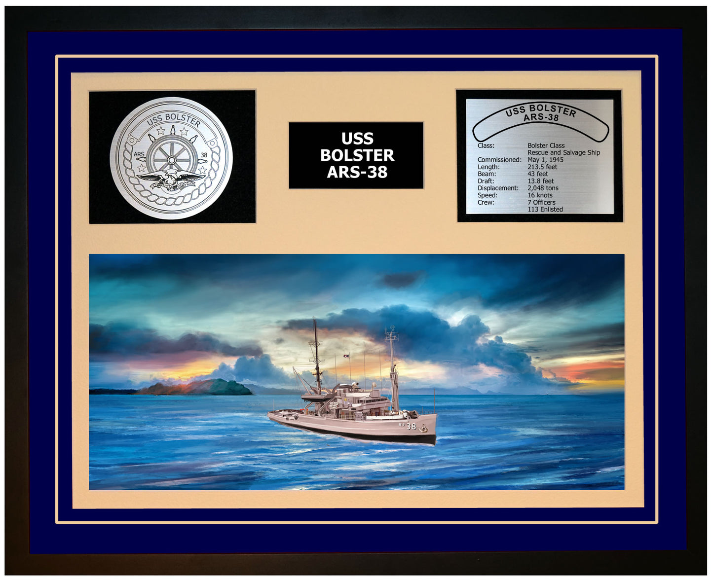 USS BOLSTER ARS-38 Framed Navy Ship Display Blue