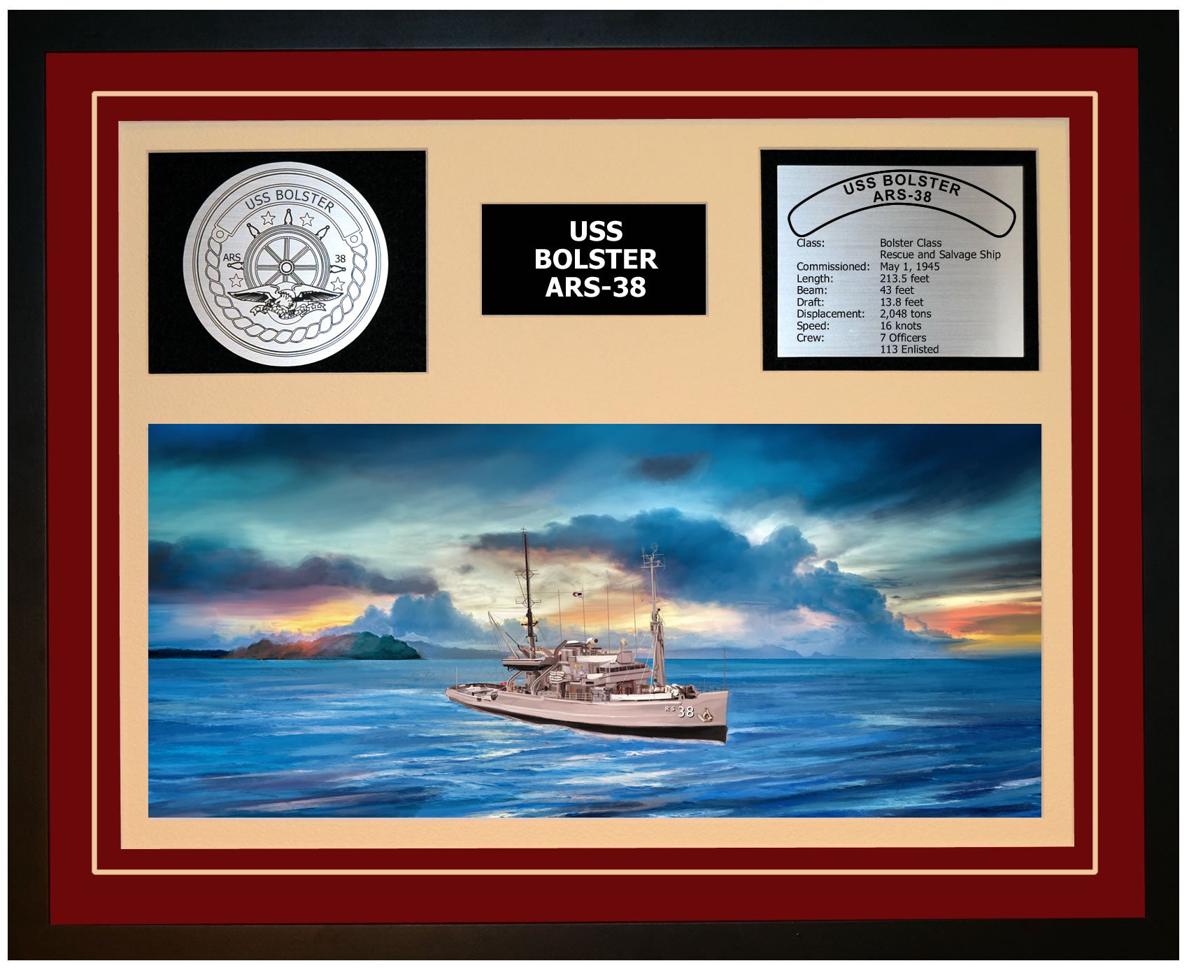 USS BOLSTER ARS-38 Framed Navy Ship Display Burgundy