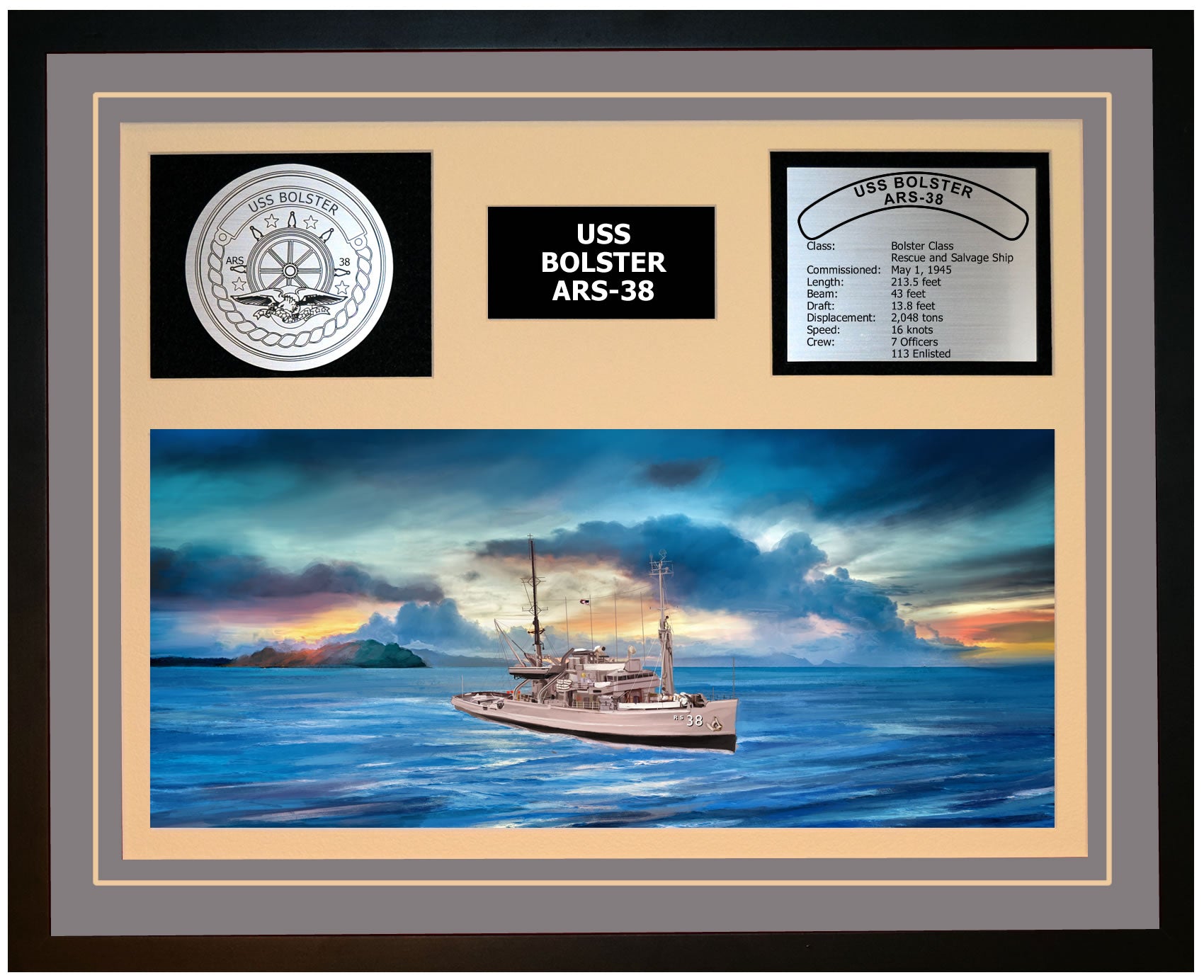 USS BOLSTER ARS-38 Framed Navy Ship Display Grey