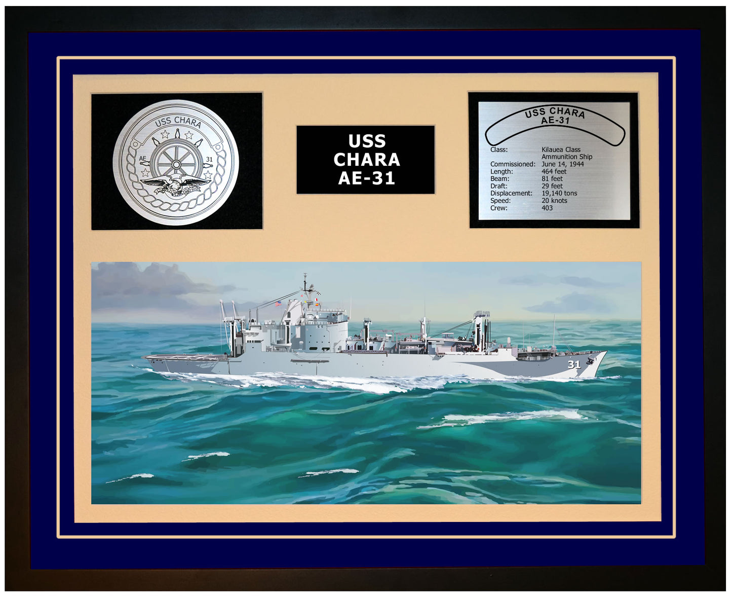 USS CHARA AE-31 Framed Navy Ship Display Blue