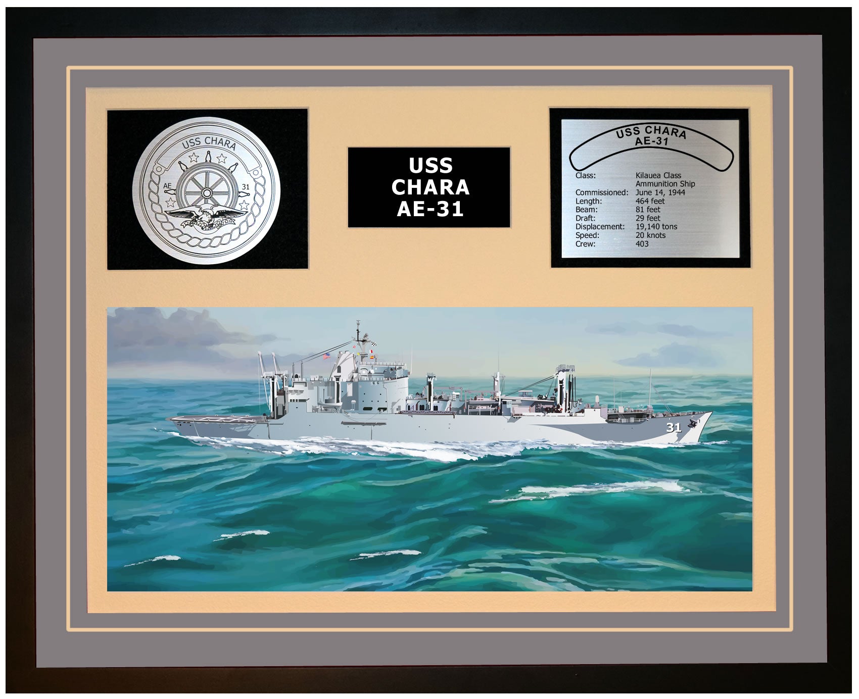 USS CHARA AE-31 Framed Navy Ship Display Grey