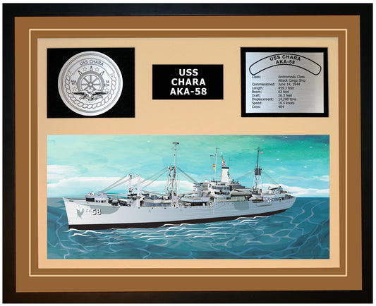 USS CHARA AKA-58 Framed Navy Ship Display Brown