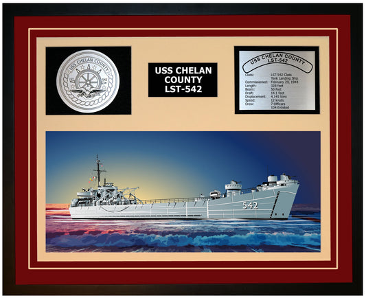 USS CHELAN COUNTY LST-542 Framed Navy Ship Display Burgundy