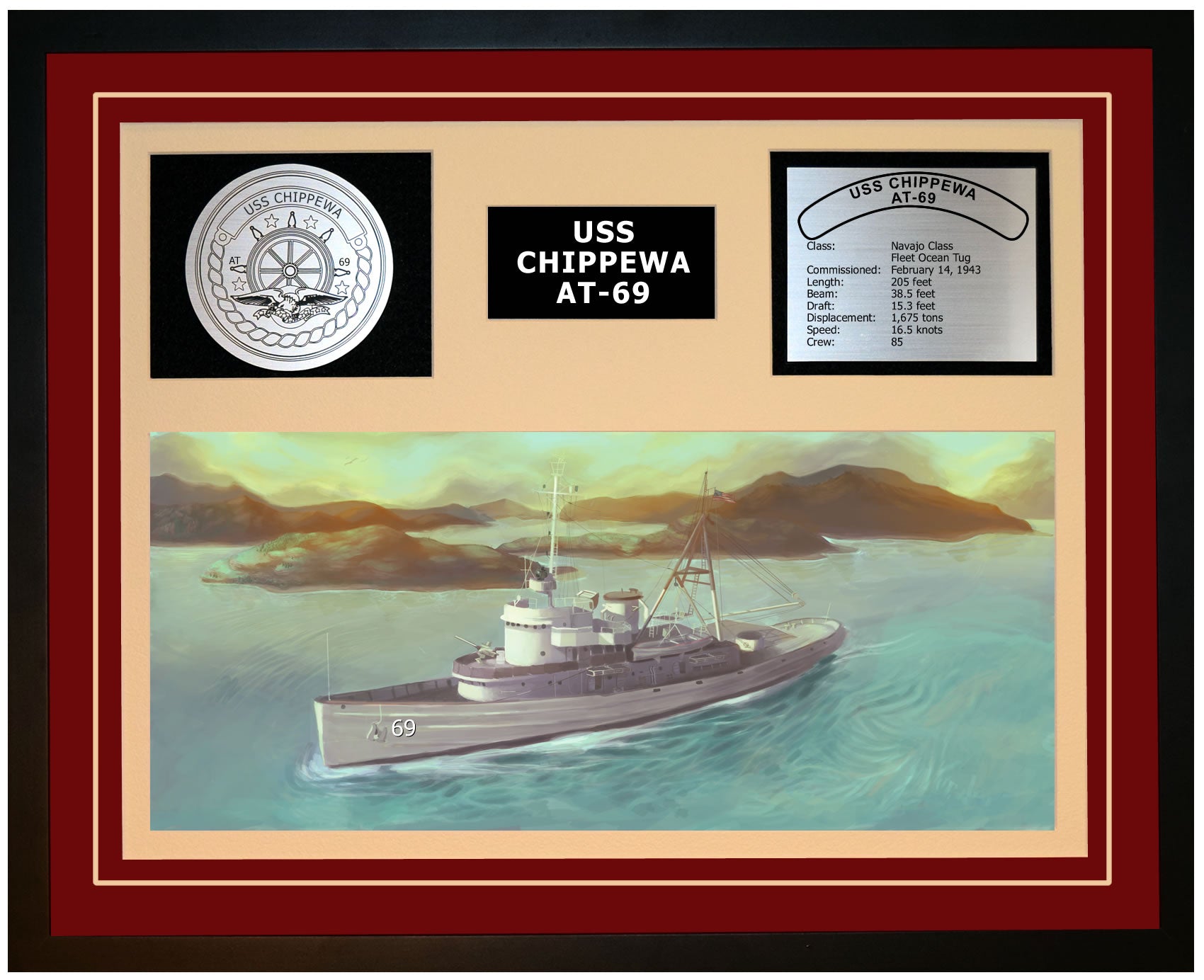 USS CHIPPEWA AT 69 Framed Navy Ship Display