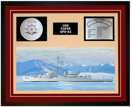 USS COFER APD-62 Framed Navy Ship Display Burgundy