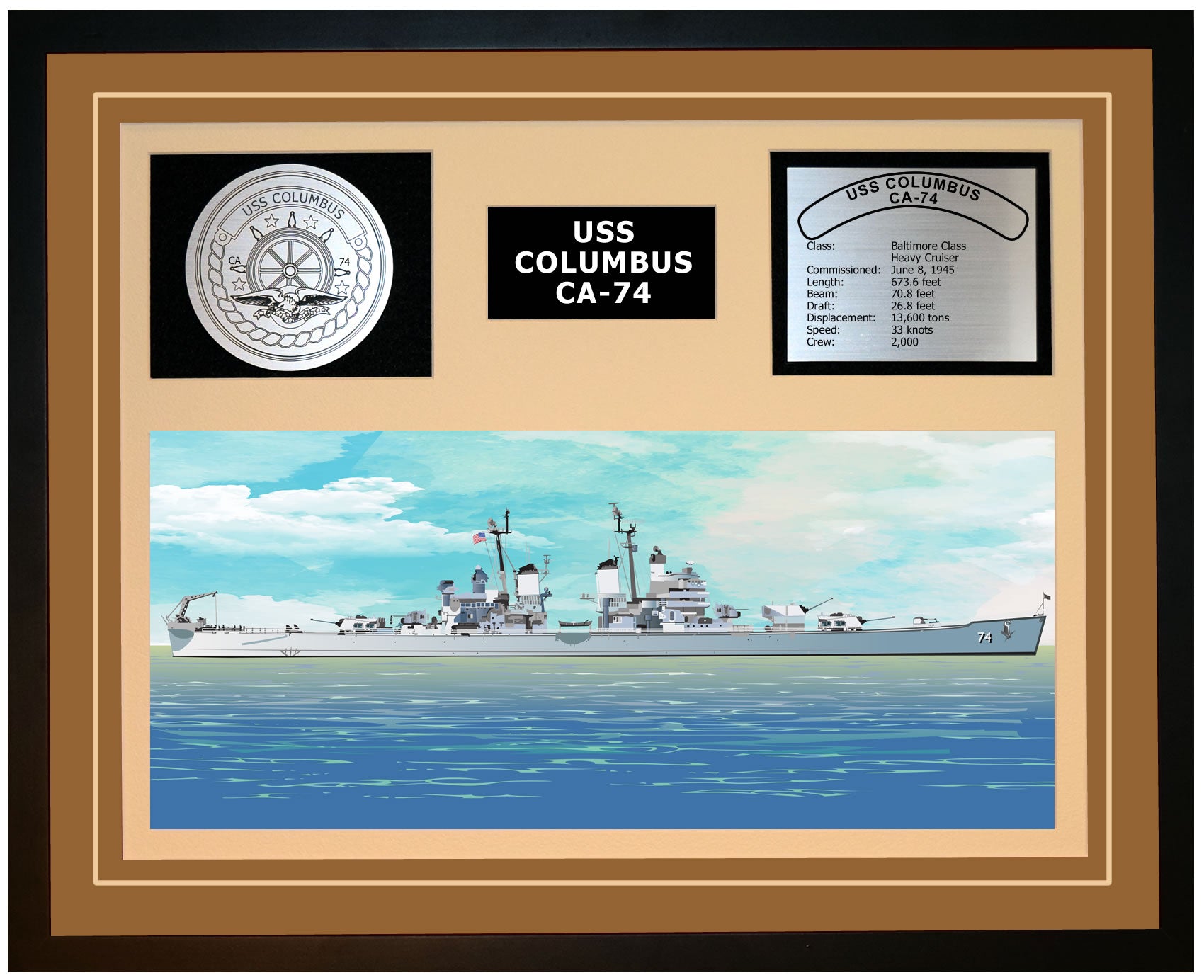 USS COLUMBUS CA-74 Framed Navy Ship Display Brown