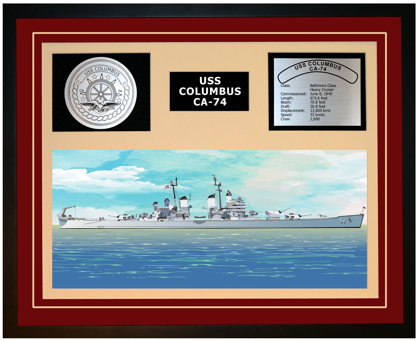 USS COLUMBUS CA-74 Framed Navy Ship Display Burgundy