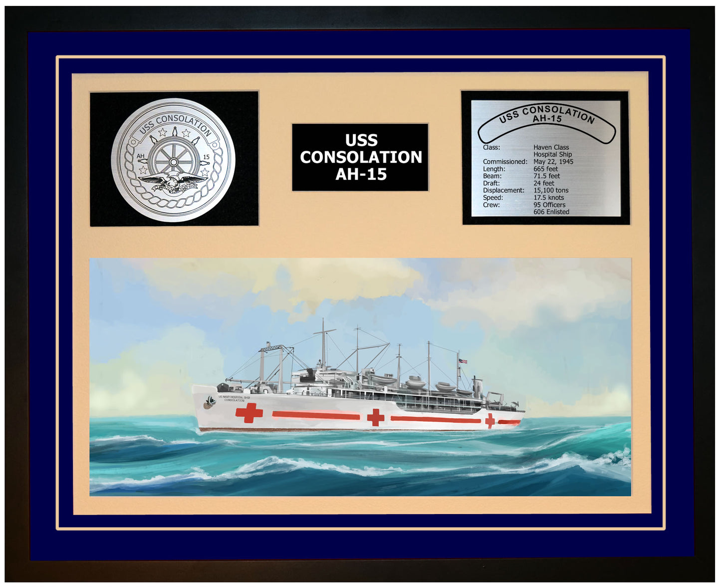 USS CONSOLATION AH-15 Framed Navy Ship Display Blue