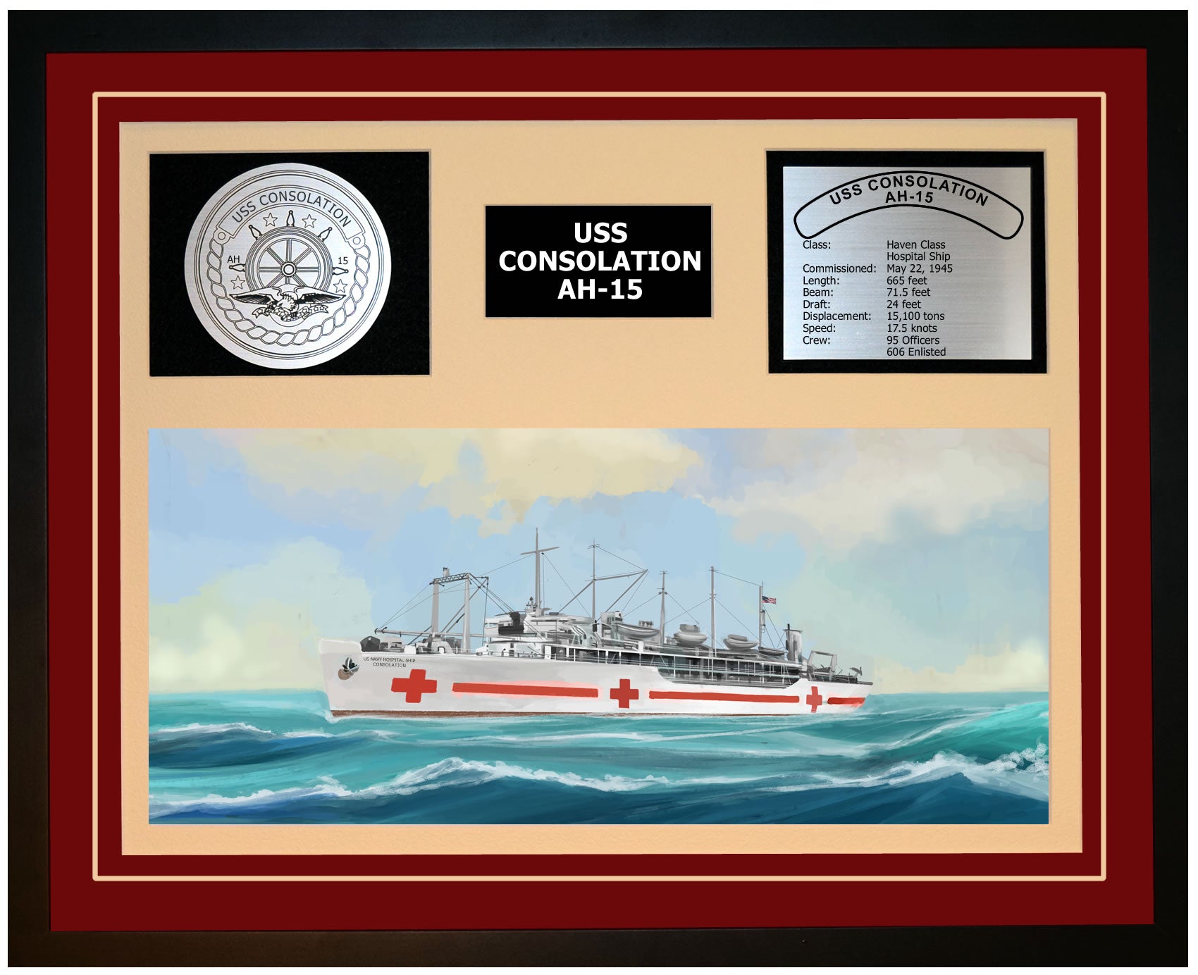 USS CONSOLATION AH-15 Framed Navy Ship Display Burgundy