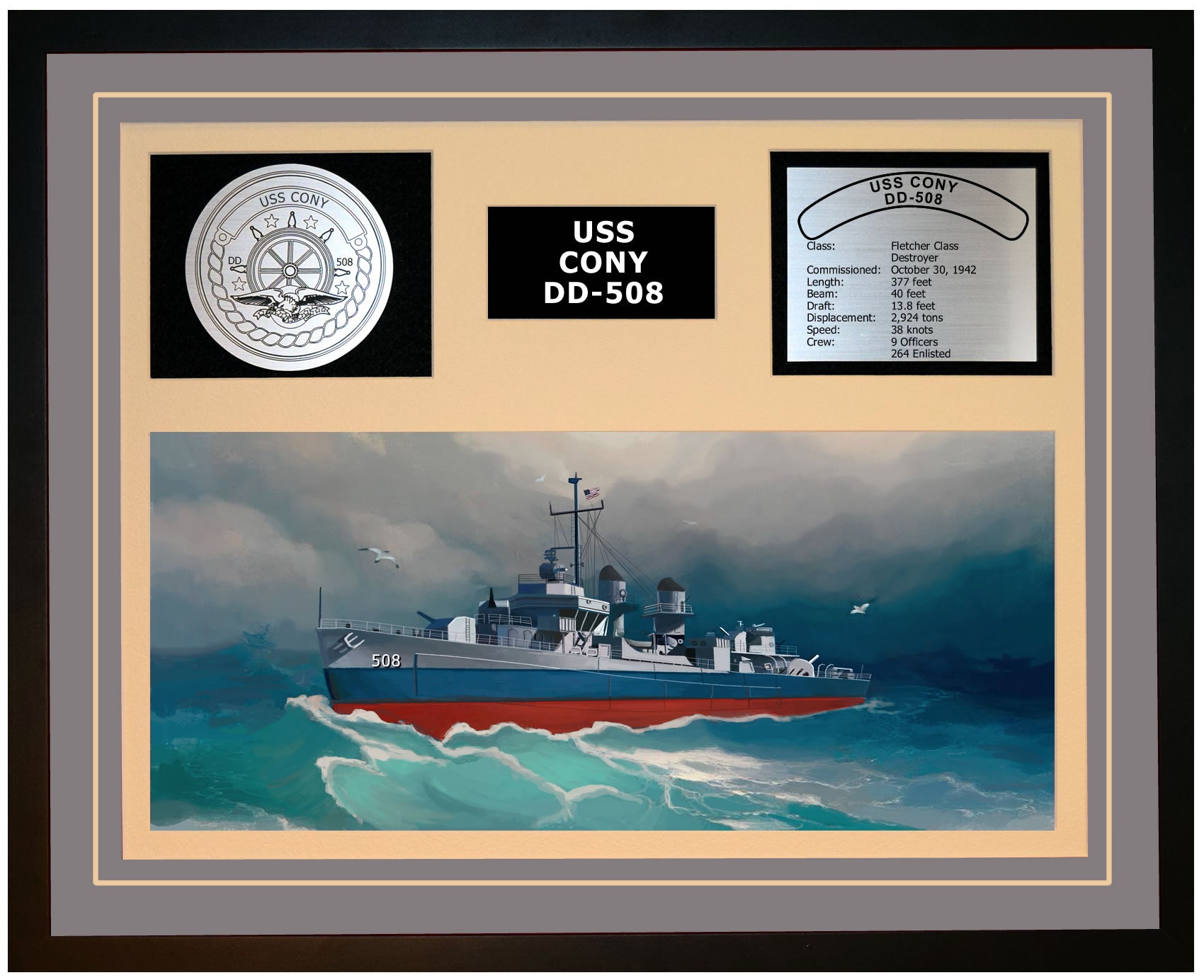 USS CONY DD-508 Framed Navy Ship Display Grey