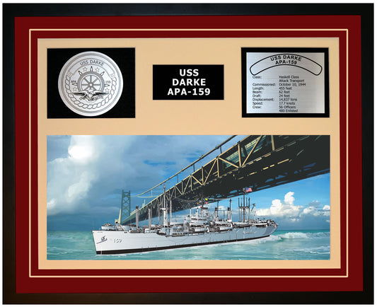 USS DARKE APA-159 Framed Navy Ship Display Burgundy