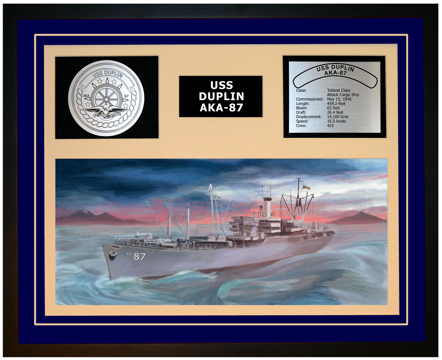 USS DUPLIN AKA-87 Framed Navy Ship Display Blue